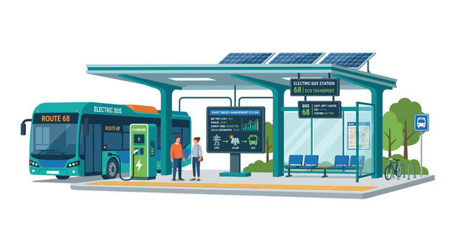 Electric Bus Charging at Smart Bus Stop with Solar Panels and Digital Display
