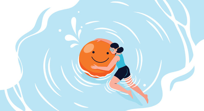 Relaxed person wearing swimsuit and goggles floating on large orange smiley face inflatable ball in calm blue water of swimming pool.