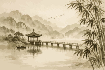 Obraz premium Asian landscape with pagoda, bridge and bamboo in watercolor style