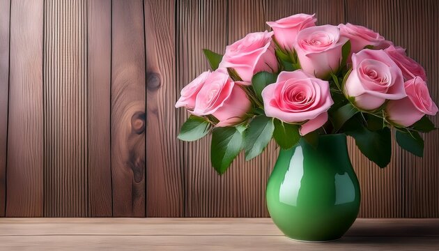 a vibrant bouquet of pink roses in a green vase on a wooden surface