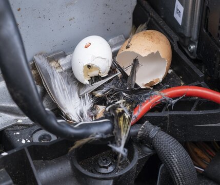 Engine compartment, engine of a passenger car with remains of prey of a stone marten (Martes foina), eggshells of chicken and pigeon, feathers of a small bird, Lower Saxony, Germany