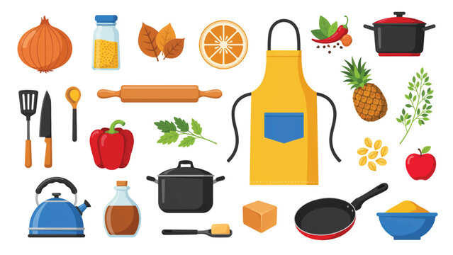 collection of kitchen utensils and food items for cooking and recipe design