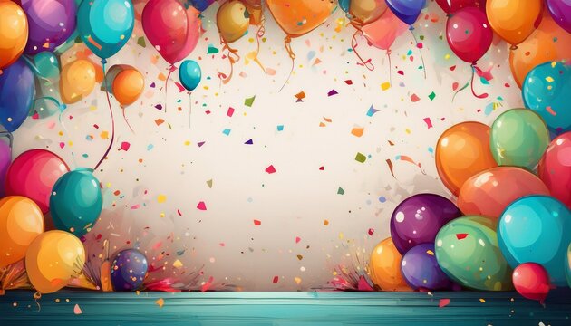 colorful border with balloons and confetti composition with birthday decor