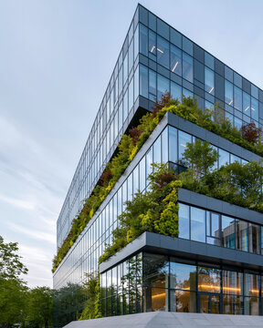 Modern glass building rises with lush greenery. Trees cascade along its vertical surfaces. Skylight glows through reflective panes. Structure blends nature and architecture