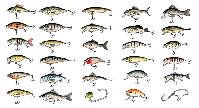 Large collection of diverse fishing lures and hooks in different colors and sizes for professional and hobbyist sport fishing equipment.