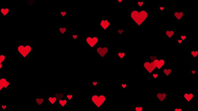 Valentines day hearts icon falling animation on black screen background.confetti hearts particular falling up.love, motion graphic video.red heart confetti falling.