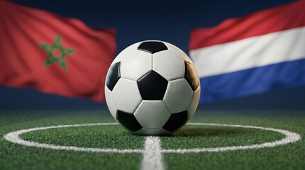 Naklejka premium Classic black and white soccer ball on a green football pitch's center. Blurred Moroccan and Dutch flags create a dramatic backdrop for international competition and anticipation.