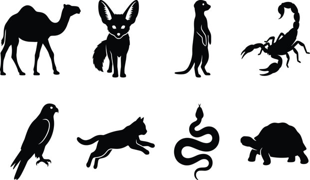 Vector collection of desert animal black silhouettes including camel, fennec fox, meerkat, and scorpion