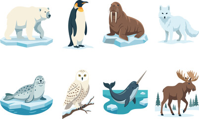 Vector collection of wild arctic and polar animals including polar bear, penguin, walrus, and seal © Mdjoshelahamed4400 