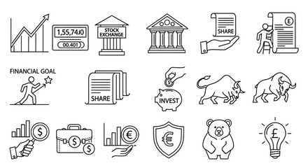 Fototapeta premium A collection of black and white financial icons representing market growth and investment