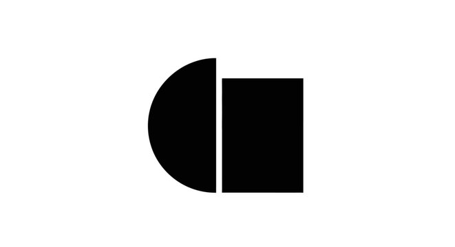 A minimalist graphic design featuring a black semicircle and a black square shape