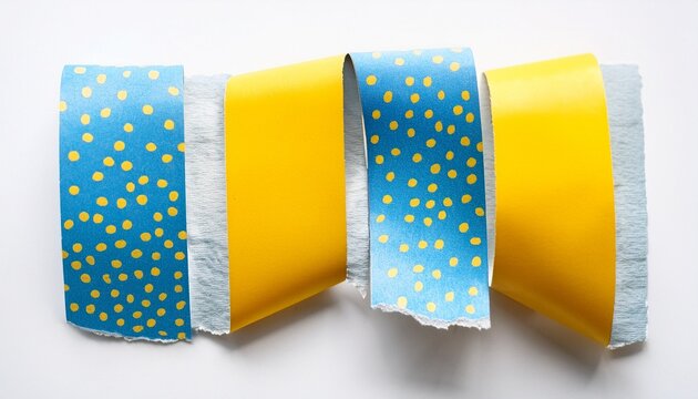 ripped torn paper adhesive blue yellow dot pattern washi tape on white background