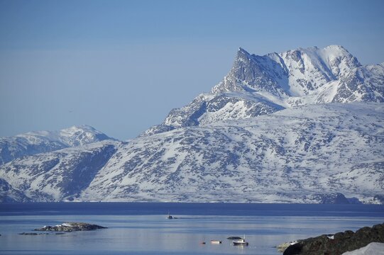 Rugged, snowy mountain landscape, small islands, Nuuk, Arctic, North America, Greenland, Denmark