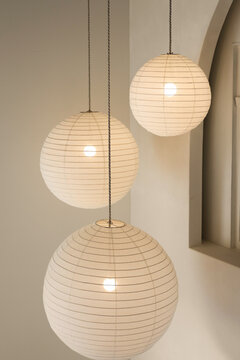 Trio of linen ball lantern pendant lights