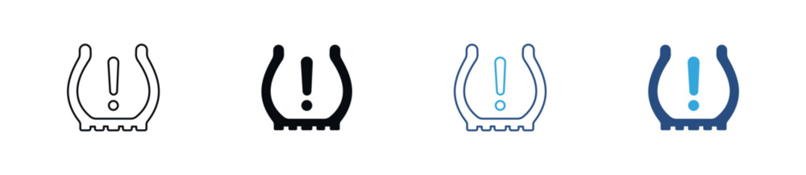 Tire Pressure Warning Icon Set. TPMS Alert, Low Tire Pressure and Vehicle Safety Symbols. Vector Illustration.