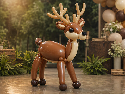 Festive reindeer animal made of brown latex balloons with reindeer christmas sculpture decoration twisting celebration creative inflatable handmade showpiece balloonart