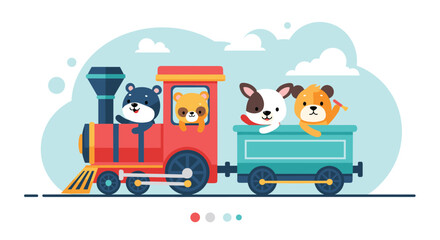 Fototapeta premium Cute cartoon animals including bears and dogs riding in a colorful red and blue toy steam train through a cloudy blue sky.