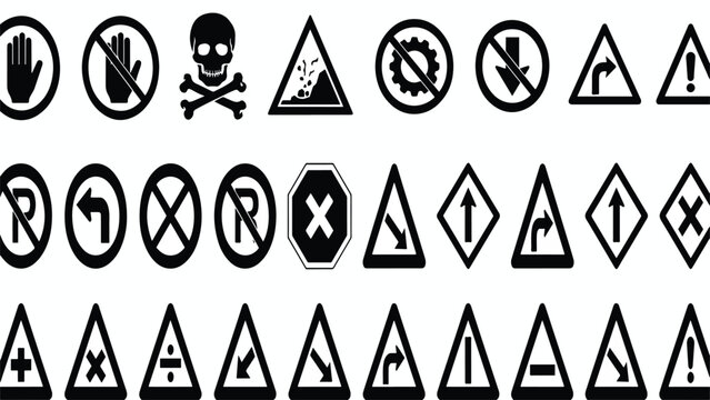 Collection of warning and prohibition traffic signs and symbols