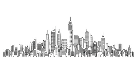 Obraz premium Continuous line drawing of a modern city skyline with various skyscrapers and buildings, rendered in a clean black and white style.
