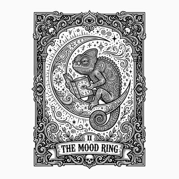 Halloween tarot card illustration chameleon reading book on crescent moon with occult symbols