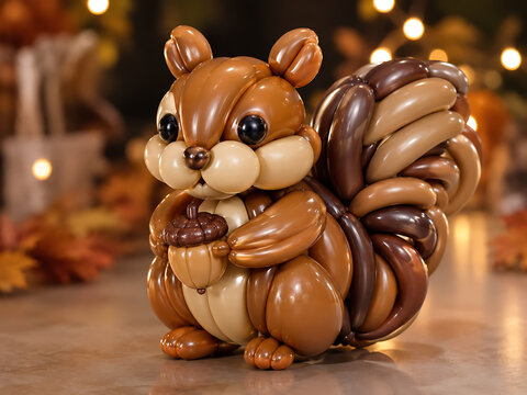 Cute squirrel animal made of balloon sculpting with acorn fall colors squirrel sculpture decoration creative handmade twisting modelling wildlife celebration detailed