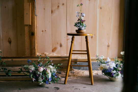 flower arrangement on a stool in a florist studio under construction