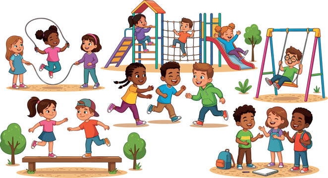Multiethnic Kids Playing on Playground Equipment Vector Set Featuring School Children Having Fun on Slide Swing Jump Rope and Balance Beam Clipart