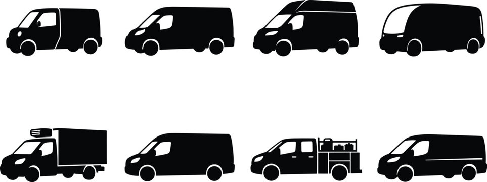 Collection of eight black van and small truck silhouette icons showing cargo, utility, and delivery vehicle variations