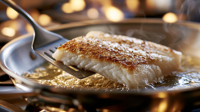 Ultra realistic dynamic food photography capturing exact midpoint of fish fillet cooking process, fillet half-cooked in stainless pan with perfectly crisped bottom half visible whe