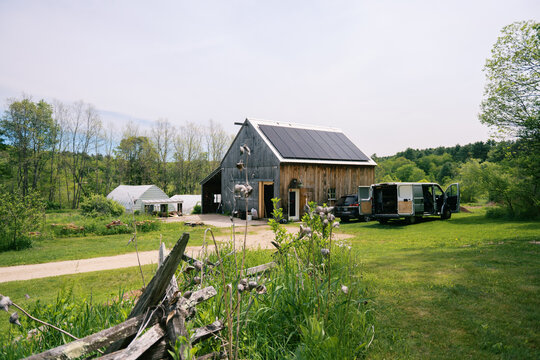 barn with solar panels on a flower farm in new england
