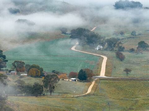 Morning fog lingering over a country road running over rural hiils