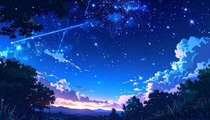 Fototapeta premium Anime Style Milky Way and Starry Twilight Sky Fantasy Landscape Illustration