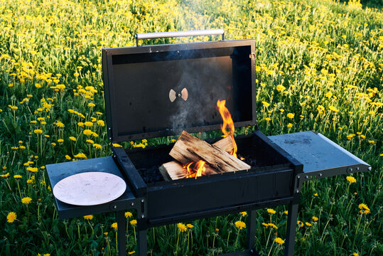 Fire burns in grill with wooden logs in field