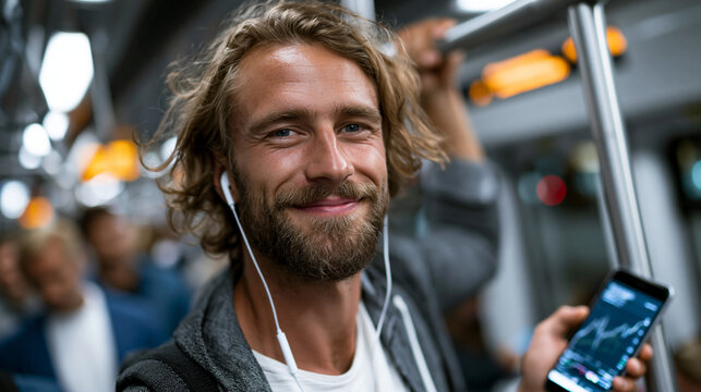 Ultra realistic candid lifestyle photograph of young male commuter late 20s casual smart clothing standing in subway car holding overhead rail with one hand, other hand holding sma