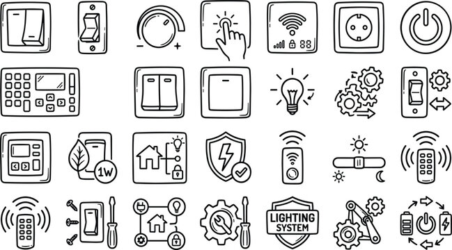 Light Switch and Smart Lighting Control Outline Icons Set Featuring Hand Drawn Dimmer Knob Wall Switch Electric Outlet and Home Automation Graphics for Electrical Installation Vector Illustration