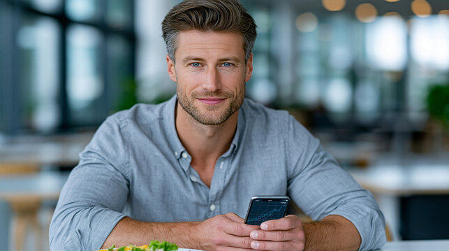 Ultra realistic lifestyle photograph of male office worker early 30s in smart casual shirt sitting alone at office cafeteria table during lunch break, food tray pushed slightly asi