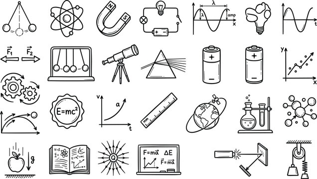 Physics Education and Laboratory Science Outline Icons Set Featuring Hand Drawn Quantum Atom Magnet Prism and Relativity Formula Graphics for Academic Learning Vector Illustration