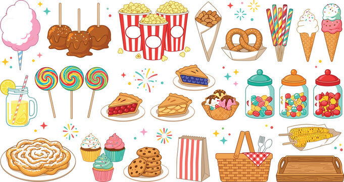 Amusement Park Carnival and Fair Food Element Set with Cotton Candy Popcorn Candy Apples Funnel Cake and Sweet Snacks Vector Clipart Collection