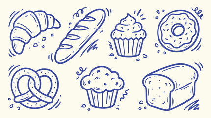 Assorted baked goods doodle illustrations in simple blue line art on a cream background for culinary concepts © Ishtiaq