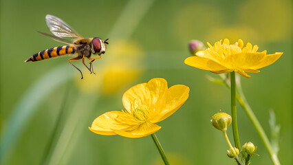 Naklejka premium Colorful fly, insect, yellow flowers, nature scene, wildlife photography