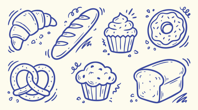 Assorted baked goods doodle illustrations in simple blue line art on a cream background for culinary concepts