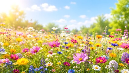 Fototapeta premium Vibrant wildflower meadow in full bloom under sunny spring sky