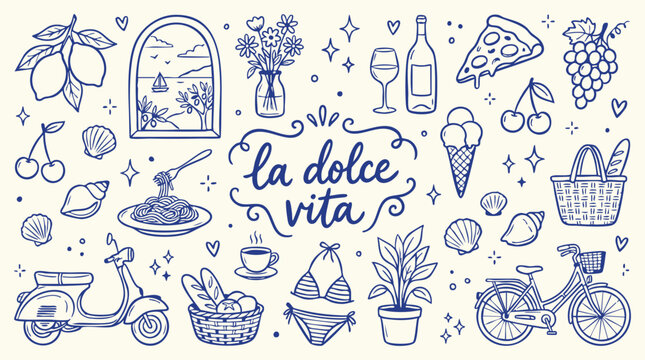 Italian lifestyle doodles with scooter bicycle food and wine on cream background