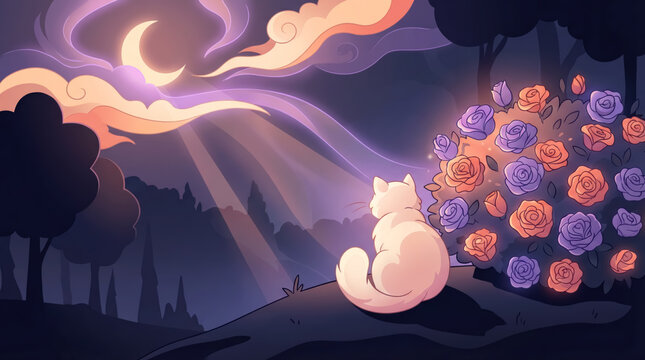 A Cute White Cat Resting Beside Blooming Hydrangeas Under a Crescent Moon
