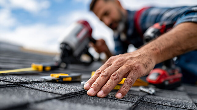 Ultra realistic professional roofing tools naturally arranged on completed architectural shingles, pneumatic roofing nailer, chalk line, utility knife, tape measure and fasteners,
