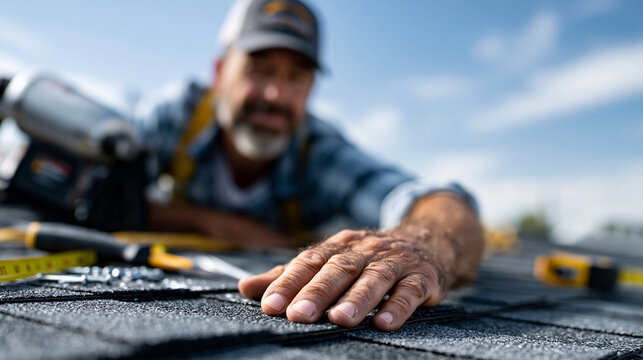 Ultra realistic professional roofing tools naturally arranged on completed architectural shingles, pneumatic roofing nailer, chalk line, utility knife, tape measure and fasteners,