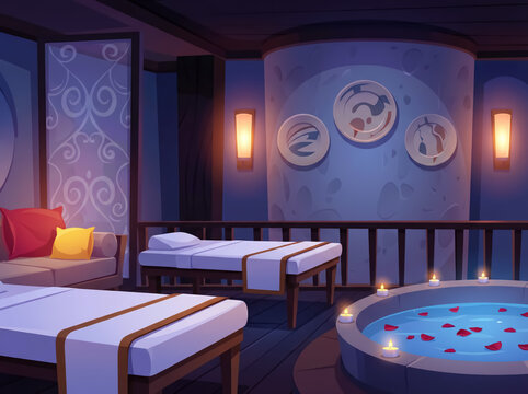 A Relaxing Spa Treatment Room with Massage Tables, Candles and Warm Ambient Lighting