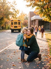 Obraz premium Back to school scene with mother and daughter autumn colors and school bus