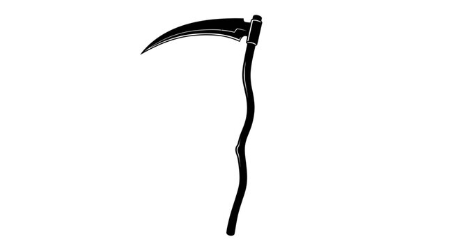 Grim reaper scythe vector illustration, black silhouette of a curved death blade, gothic harvest tool icon for halloween and horror design