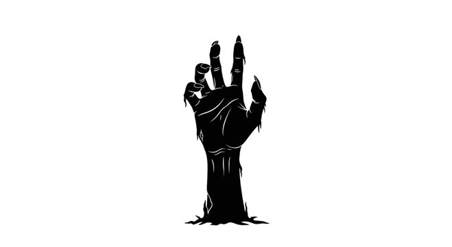 Zombie hand reaching from the ground, creepy undead monster arm silhouette, black horror vector illustration for Halloween posters and spooky designs